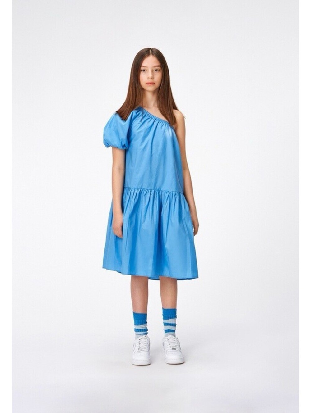 Molo Clarabelle Forget Me Not Blue One Shoulder Dress Girls 13-14 Organic Cotton